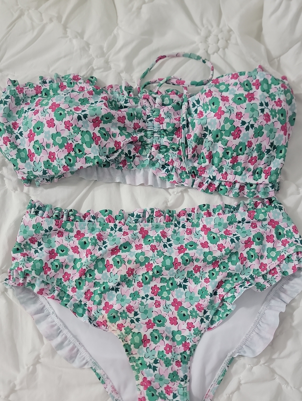 Floral Ruffle Two-Piece Bikini - Pink & Mint